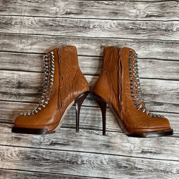 Jeffrey Campbell Handmade Leather Spike Stiletto Booties Warm Cognac Brown 6 - Picture 5 of 12